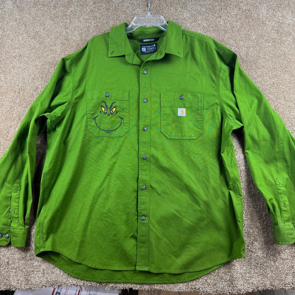 Carhartt Men Green Grinch Rugged Flex Relaxed Fit Work Shirt 2XL TW3554-M